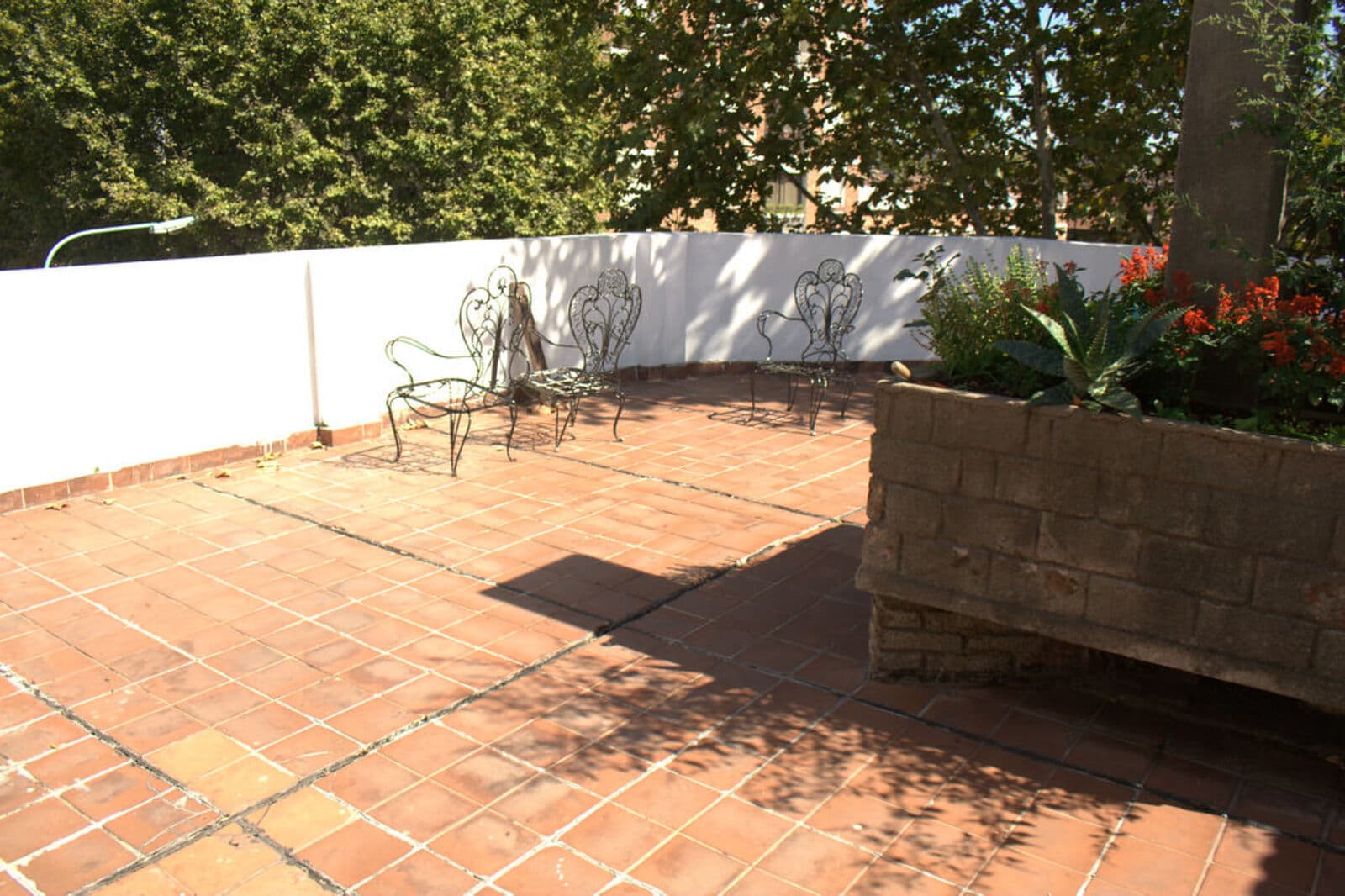 A paved terrace with a raised planting bed against a white garden wall