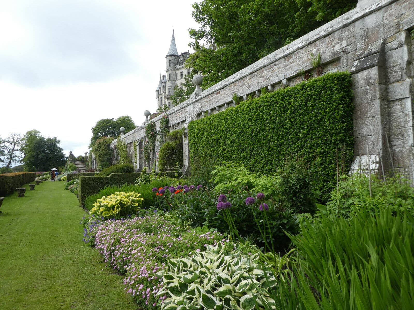 A stone retaining wall supporting a planted terrace above a level lawn